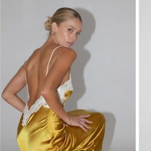 RESA Celine Dress.  Elegant Gold Satin Dress with Lace Trim